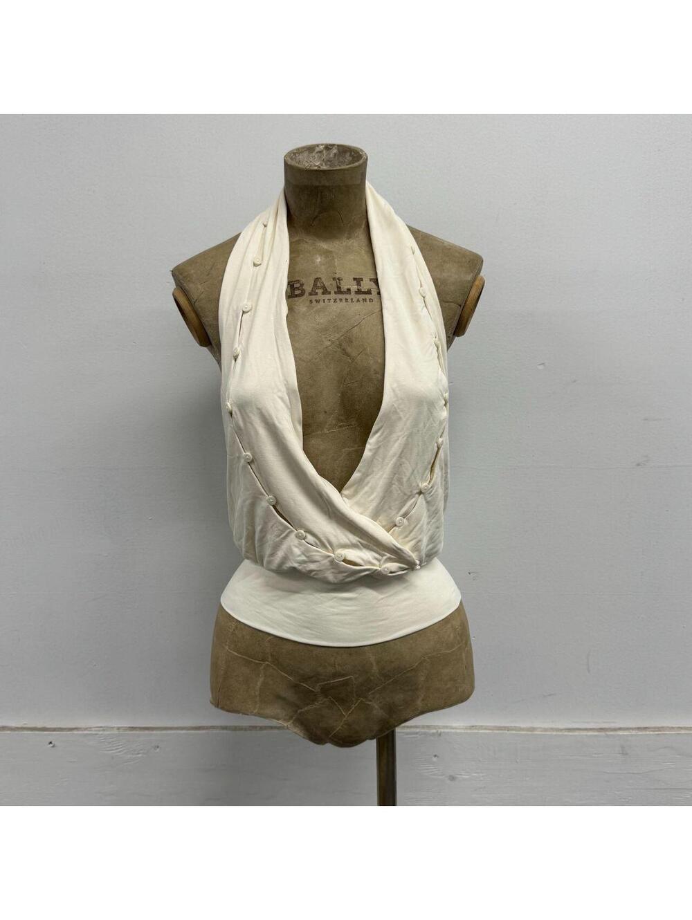 Cream Drape-Front Deep Plunge Halter Top with Button Detailing